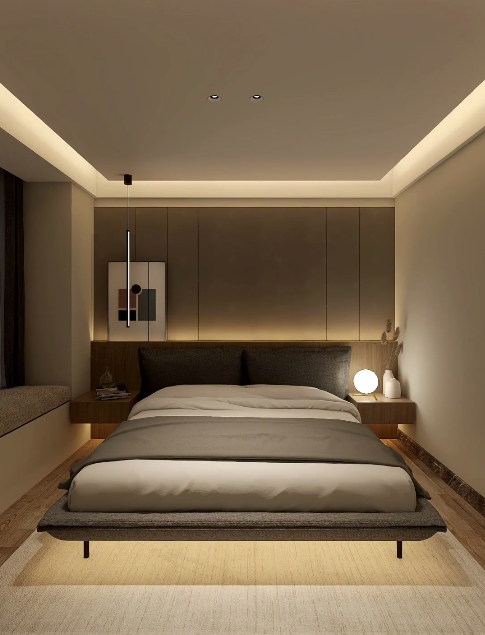 用灯带打造有氛围的卧室，灯带可用智能RGB灯带